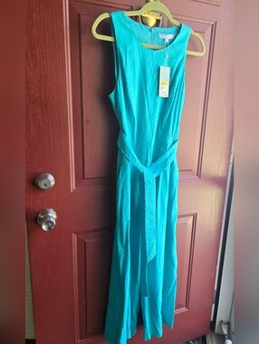 Sleeveless Teal Tie-Waist Linen Jumpsuit Nwt Sz 8